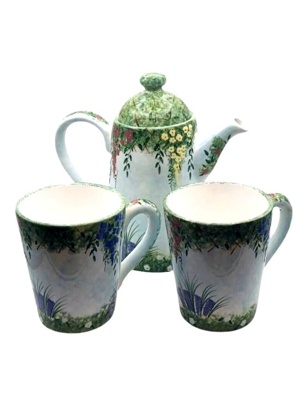 Coffee Tea Pot Mug Set Garden in Bloom Hand Painted Ceramic Flowers Inc Balloons